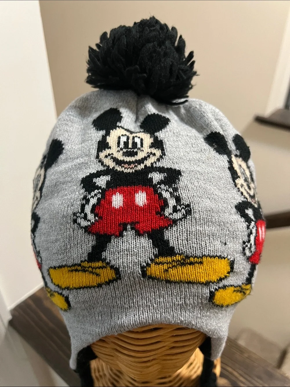Kids Gray Mickey Mouse Pom-Pom Earflap Hat